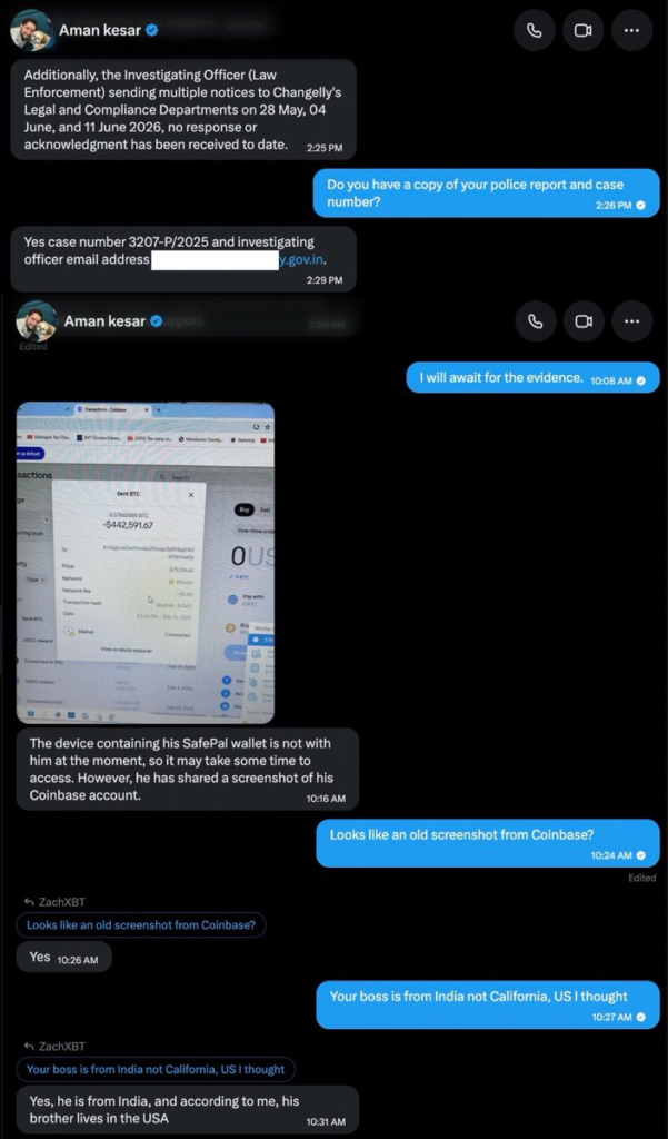 direct messages showing the police report case number (3207-P/2025), a forwarded Coinbase "Sent BTC" screenshot, and the account holder's shifting account of the fund source
