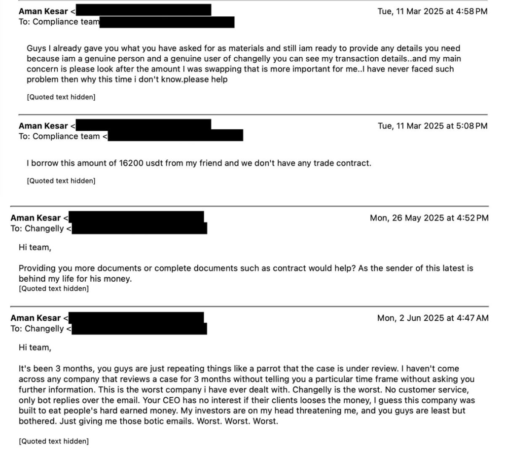 Email screenshots of "Aman Kesar" writing to Changelly's compliance team, including a March 11, 2025 message stating the 16,200 USDT was borrowed from a friend with no trade contract